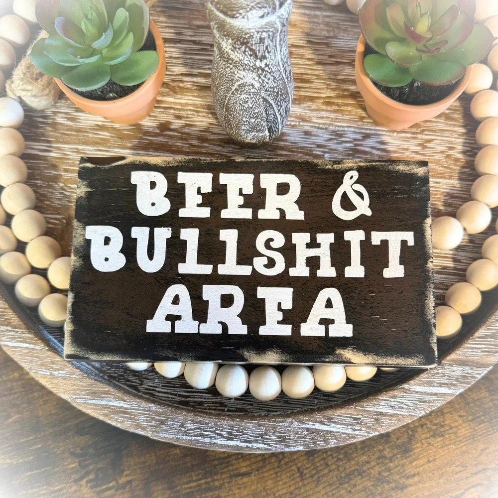 Beer & Bullshit Area Rustic‎ Wood Sign Basket Case Designs Man Cave Bar Decor